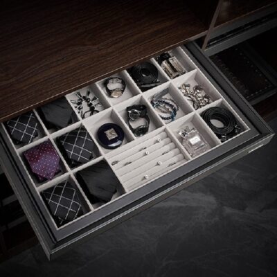 سینی مشبک جای زیور الات چرمی ریلی داخل کمد لباس رنگ طوسی فرنچ استایل سایز 90 فانتونی کد J952