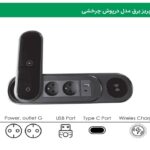 پریز برق با درپوش چرخشی همراه با وایرلس شارژر رنگ مشکی مات مدل Zoro دو سوکت برق, شارژر وایرلس, یک پورت USB و یک پورت تایپ C فانتونی کد N320